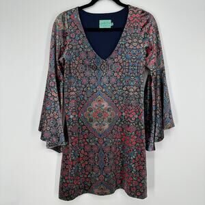 Judith March Arabian Night Velvet Printed Bell Sleeve Skater USA Made Dress Sml
